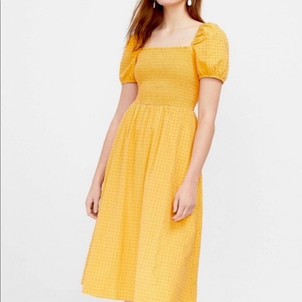 LOFT Clip Dot Smocked Puff Sleeve Midi Dress